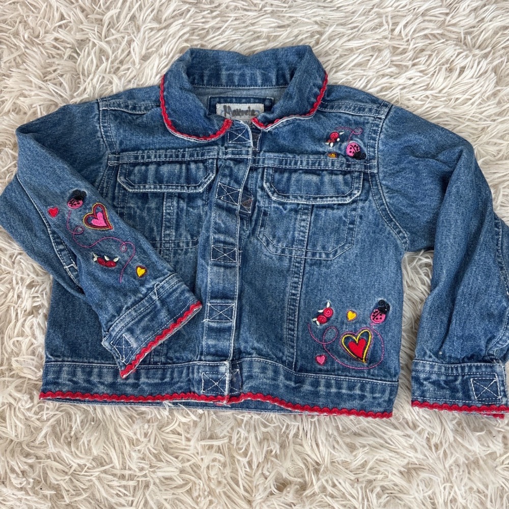 Kids Denim‎ Jacket with Ladybug and Heart Embroidery Red Trim Size 24M